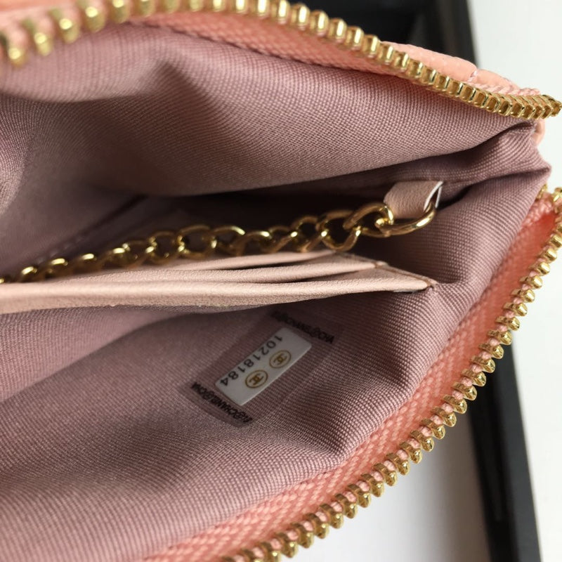 CHANEL CLASSIC SMALL ZIPPED POUCH 15 PALE PINK CALFSKIN GOLD ICON