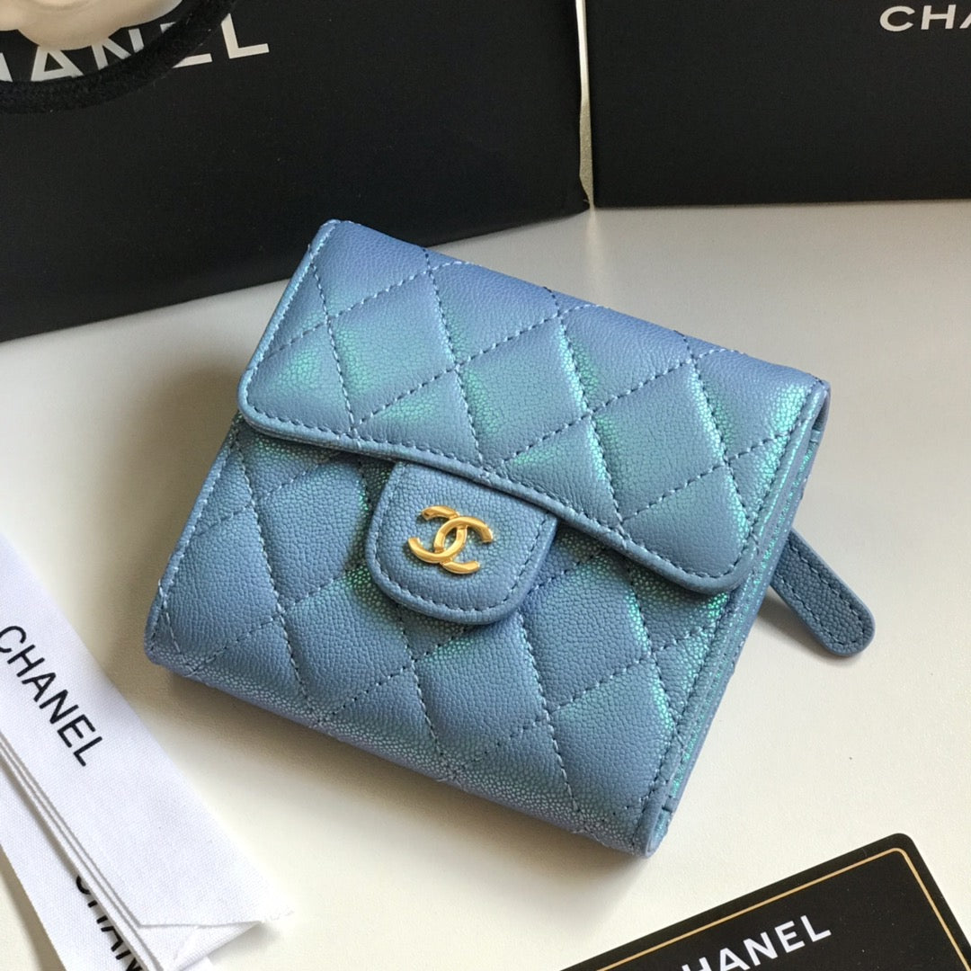 CHANEL FLAP CARD HOLDER 11.5 SKY GRAINED CALFSKIN GOLD ICON