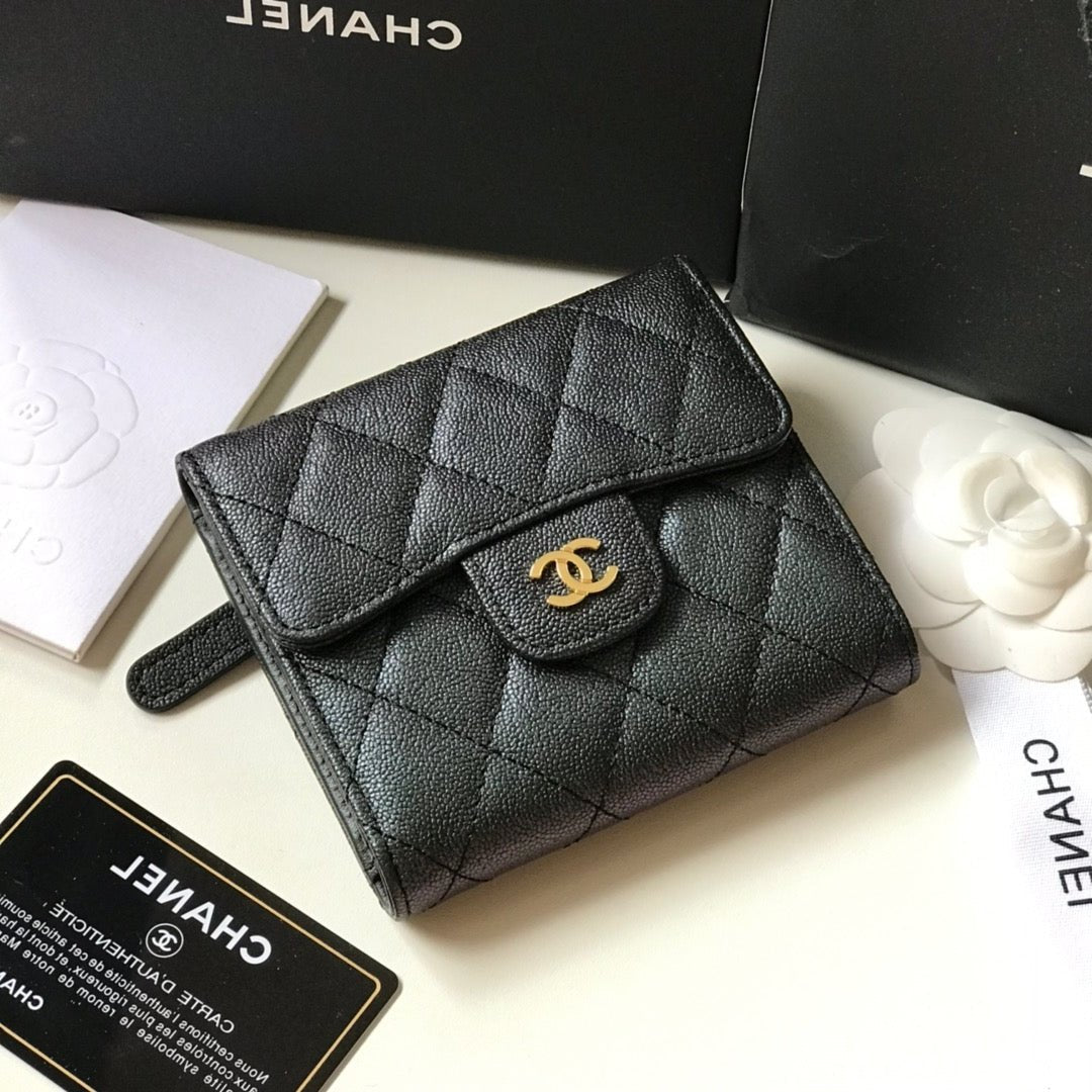 CHANEL FLAP CARD HOLDER 11.5 BLACK GRAINED CALFSKIN GOLD ICON