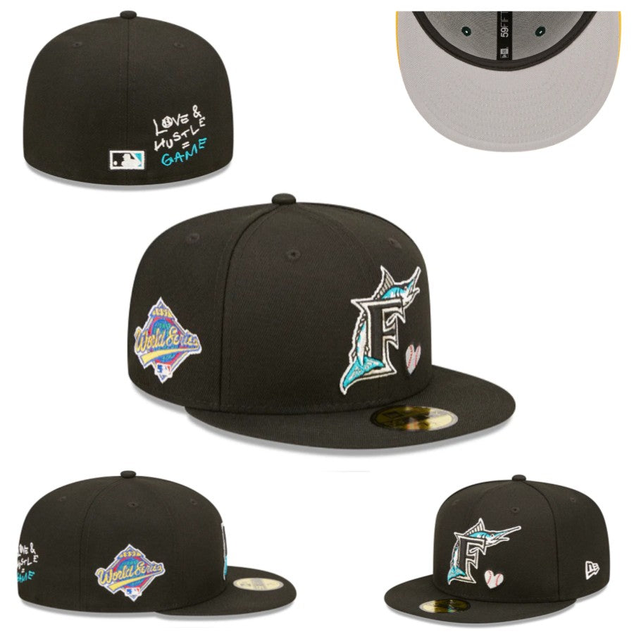 Miami Marlins World Series Fitted Hat with “Love & Hustle Game” Embroidery – Black