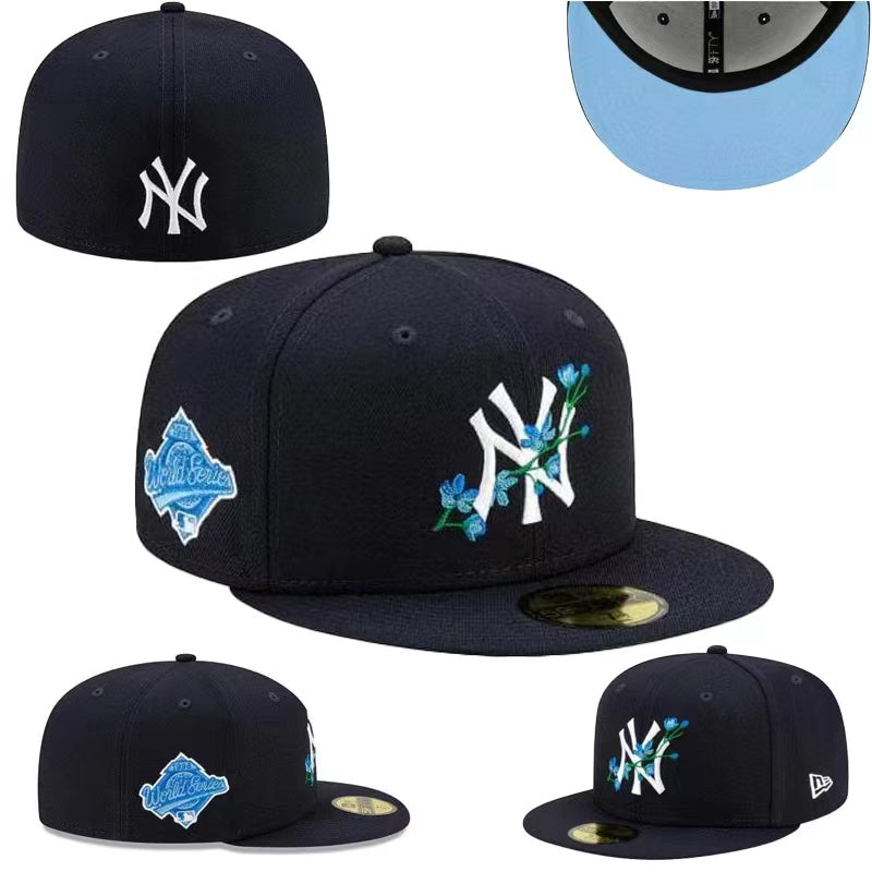 New York Yankees 59FIFTY Fitted Hat with Floral Embroidery and World Series Patch – Navy Blue