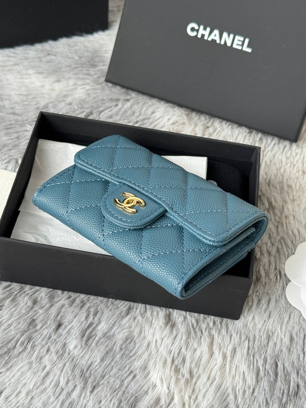 CHANEL 25S CLASSIC FLAP CARD HOLDER 11 IN SLATE BLUE CAVIAR GOLD HARDWARE
