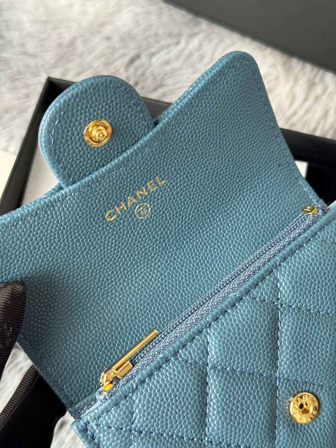 CHANEL 25S CLASSIC FLAP CARD HOLDER 11 IN SLATE BLUE CAVIAR GOLD HARDWARE