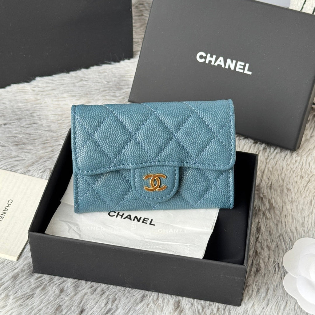 CHANEL 25S CLASSIC FLAP CARD HOLDER 11 IN SLATE BLUE CAVIAR GOLD HARDWARE