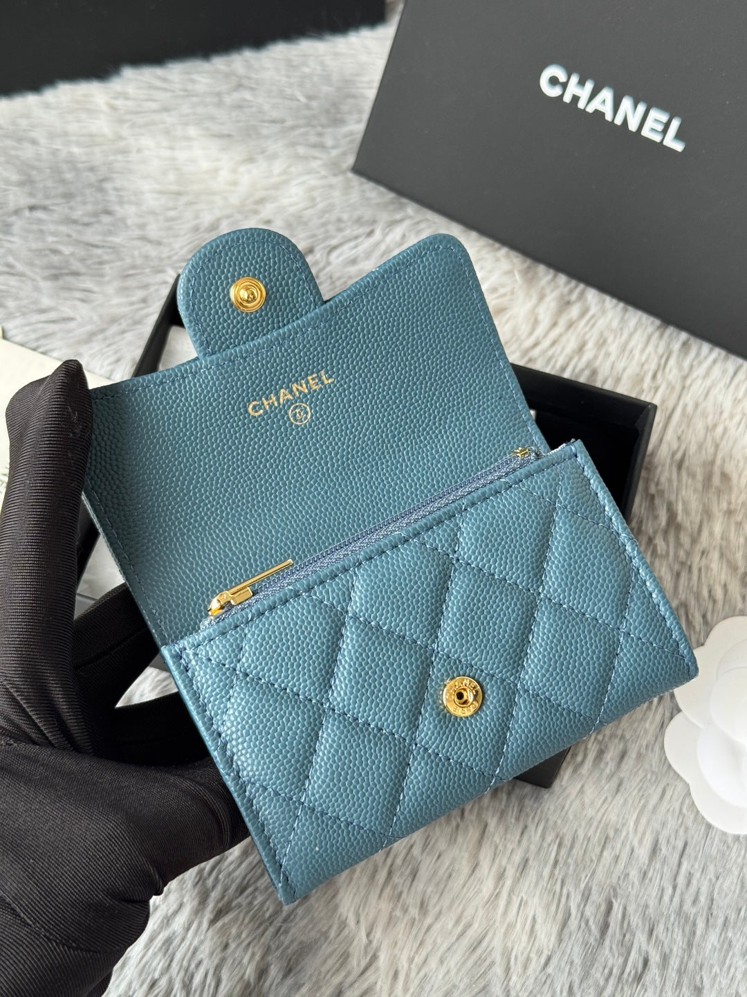 CHANEL 25S CLASSIC FLAP CARD HOLDER 11 IN SLATE BLUE CAVIAR GOLD HARDWARE