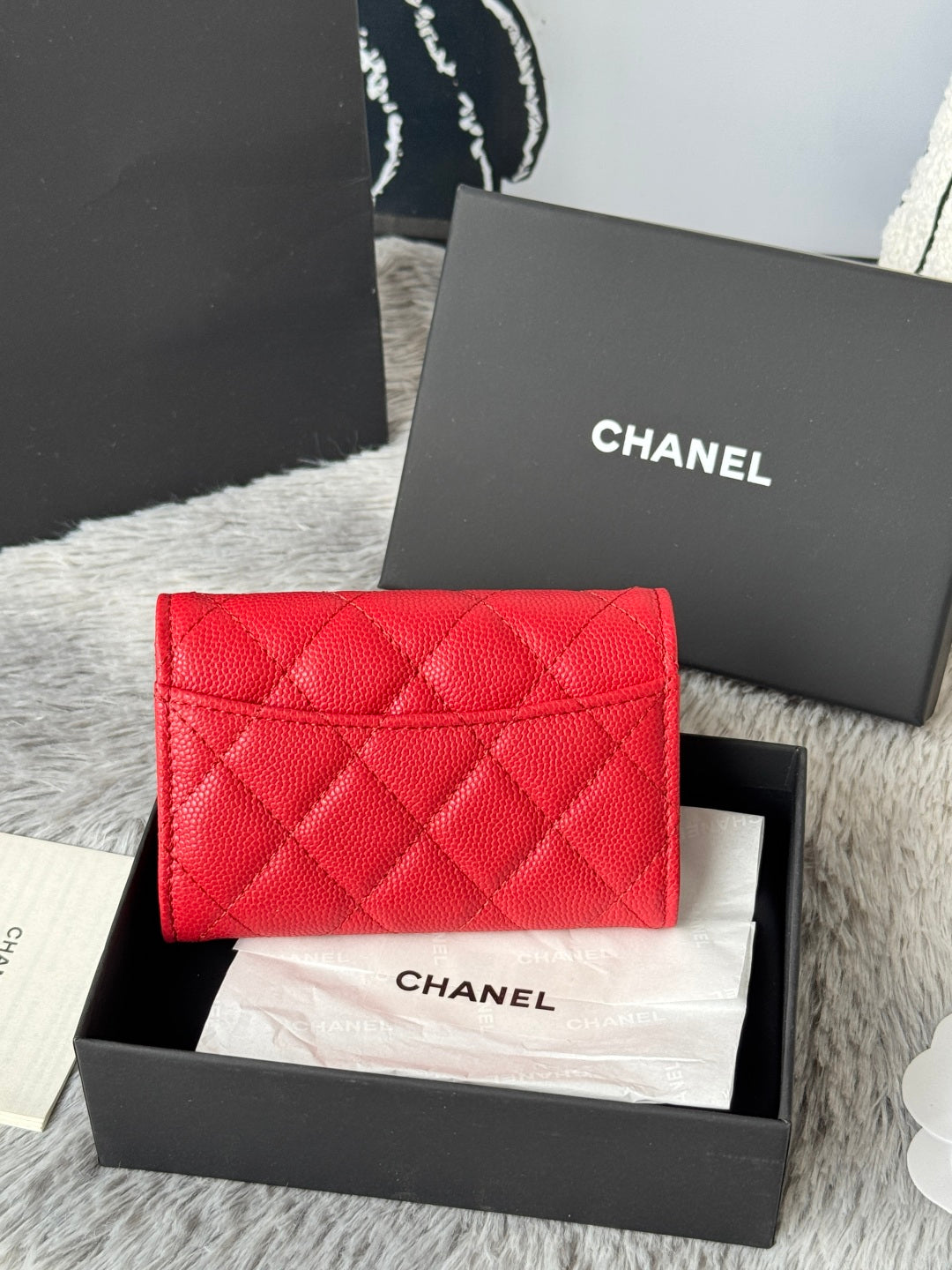 CHANEL 25S CLASSIC FLAP CARD HOLDER 11 IN RUBY RED CAVIAR GOLD HARDWARE
