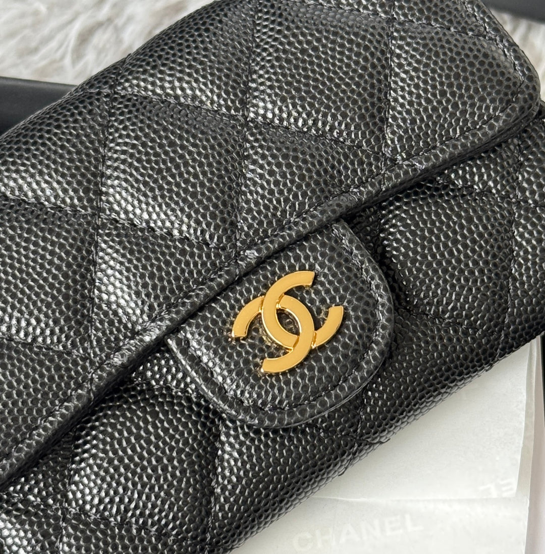 CHANEL 25S CLASSIC FLAP CARD HOLDER 11 IN BLACK CAVIAR GOLD HARDWARE