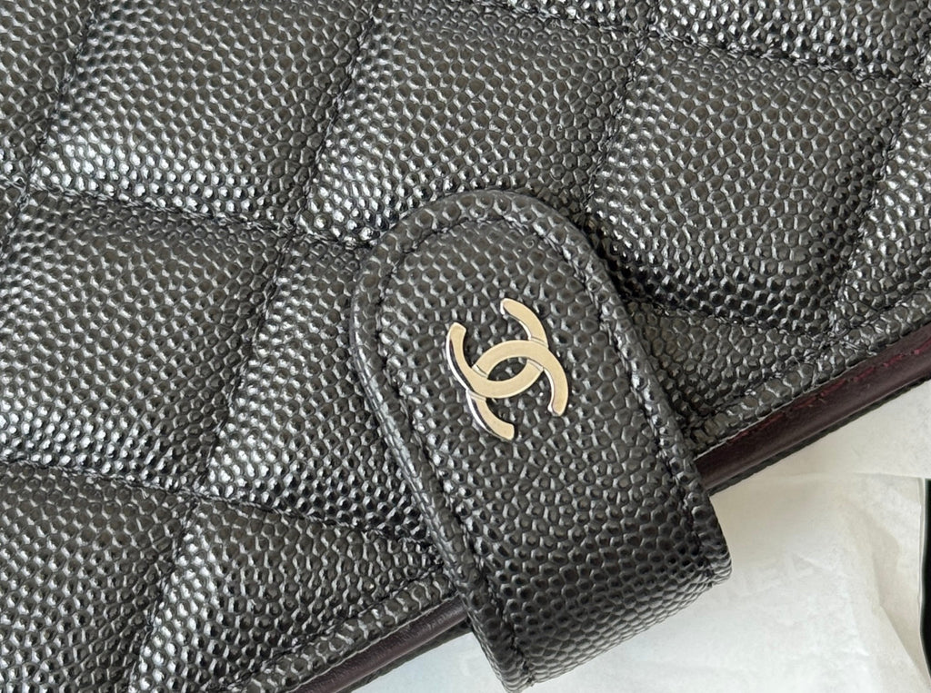 CHANEL 25S MULTI PURPOSE PASSPORT WALLET 15 IN BLACK CALFSKIN SILVER HARDWARE