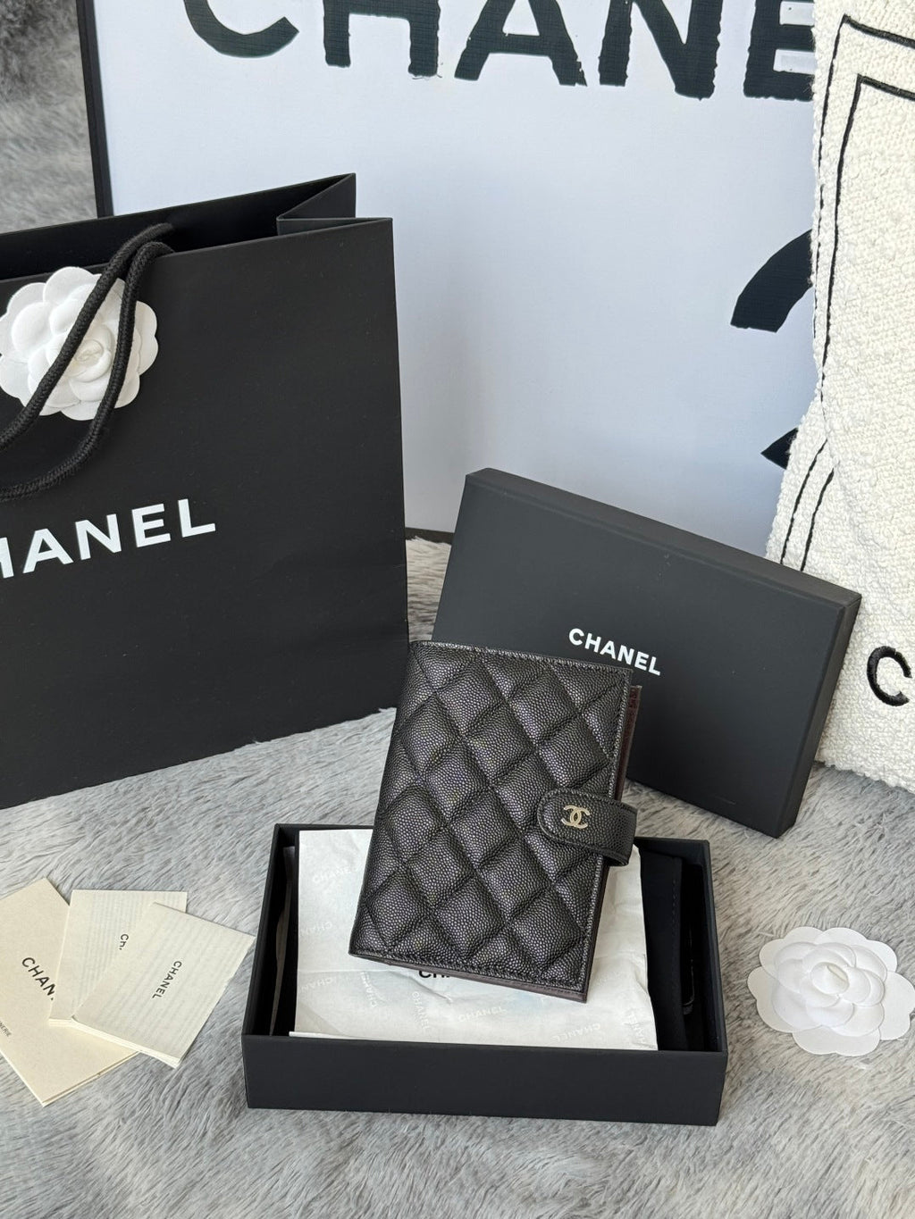 CHANEL 25S MULTI PURPOSE PASSPORT WALLET 15 IN BLACK CALFSKIN SILVER HARDWARE