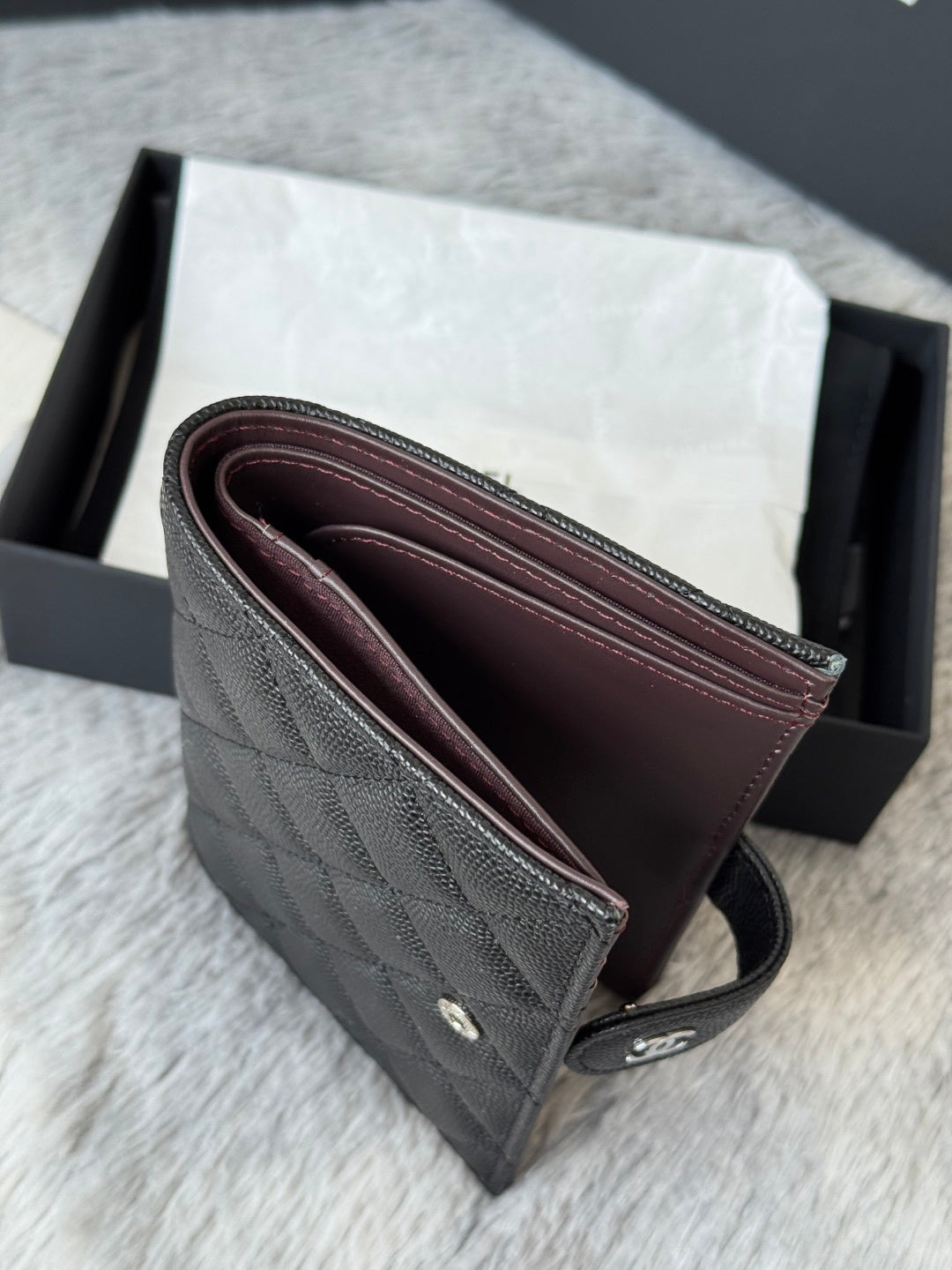 CHANEL 25S MULTI PURPOSE PASSPORT WALLET 15 IN BLACK CALFSKIN SILVER HARDWARE