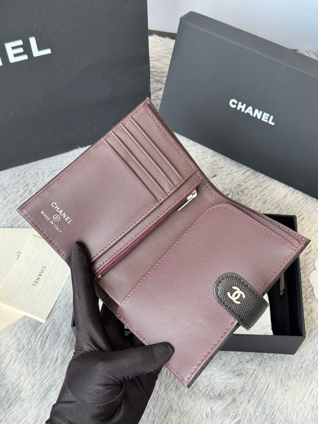 CHANEL 25S MULTI PURPOSE PASSPORT WALLET 15 IN BLACK CALFSKIN SILVER HARDWARE