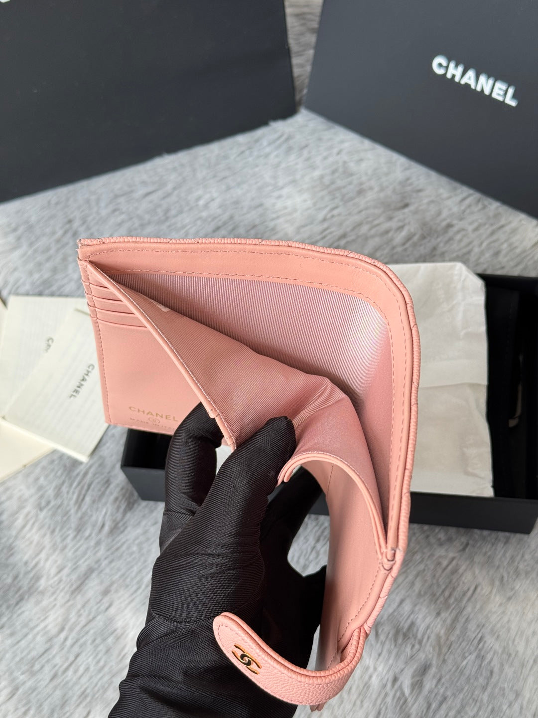 CHANEL 25S MULTI PURPOSE PASSPORT WALLET 15 IN PEACH PINK CALFSKIN GOLD HARDWARE