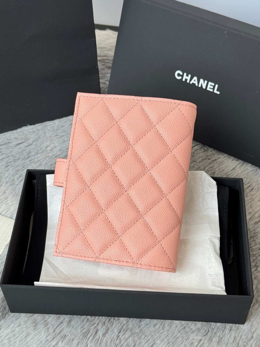 CHANEL 25S MULTI PURPOSE PASSPORT WALLET 15 IN PEACH PINK CALFSKIN GOLD HARDWARE