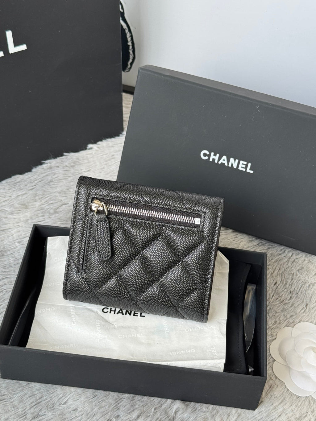 CHANEL 25S CF SMALL TRI FOLD WALLET 11 IN BLACK CAVIAR SILVER HARDWARE