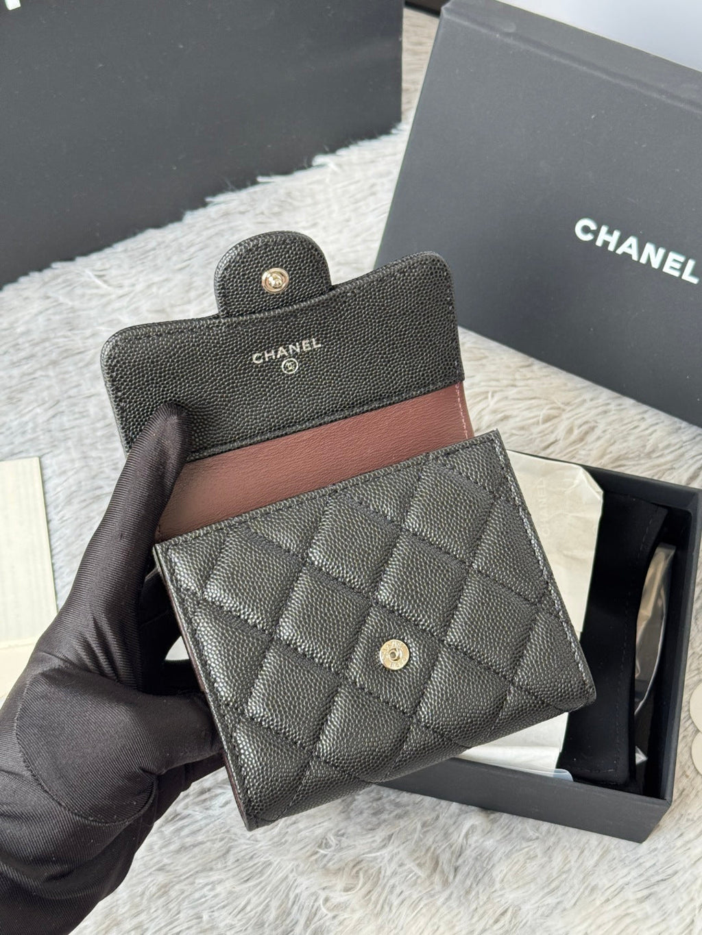 CHANEL 25S CF SMALL TRI FOLD WALLET 11 IN BLACK CAVIAR SILVER HARDWARE