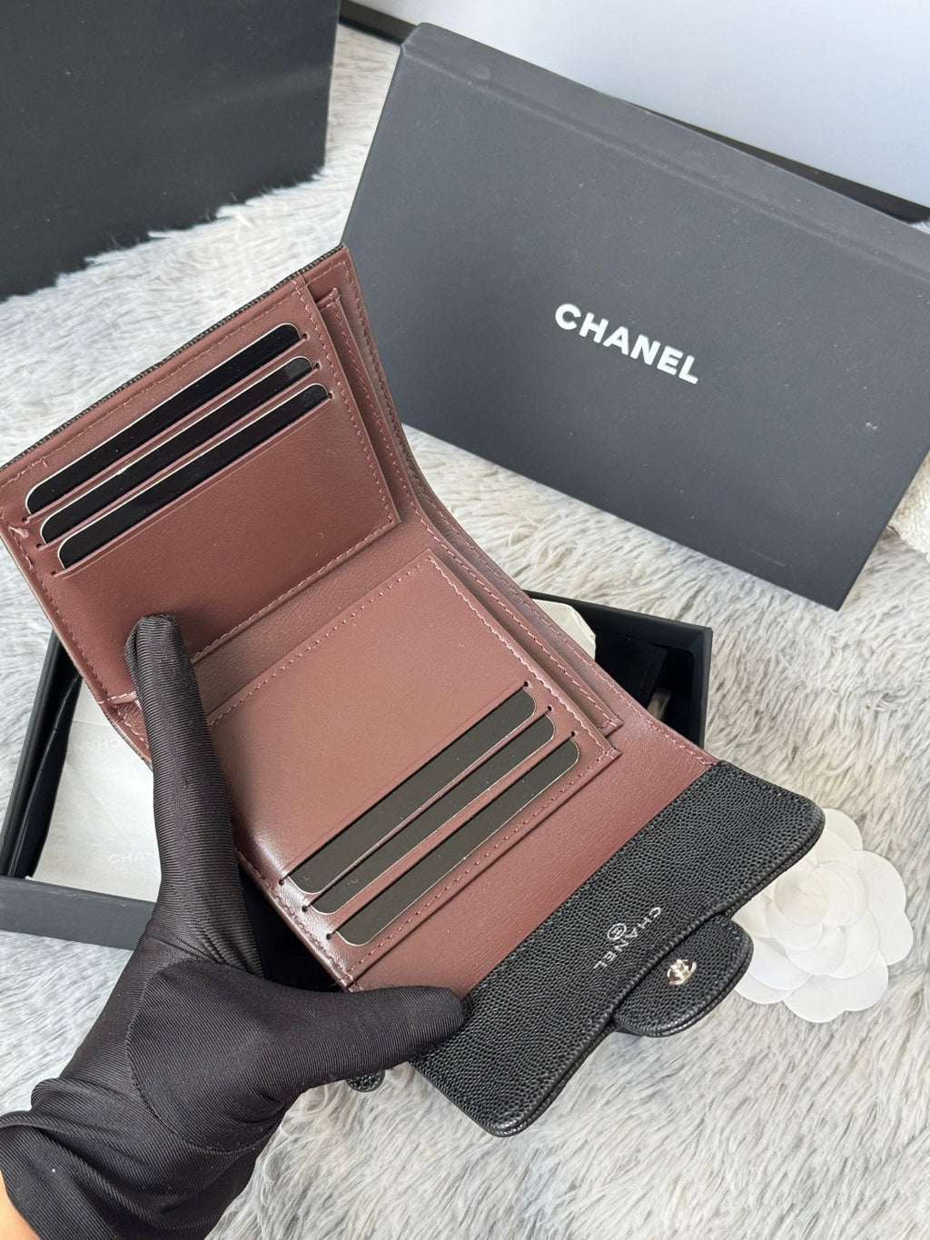 CHANEL 25S CF SMALL TRI FOLD WALLET 11 IN BLACK CAVIAR SILVER HARDWARE