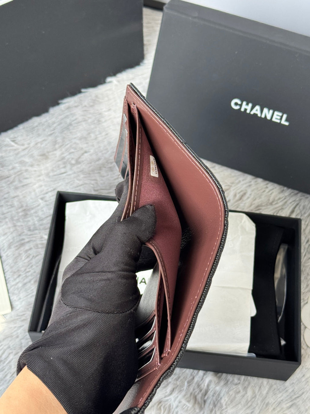 CHANEL 25S CF SMALL TRI FOLD WALLET 11 IN BLACK CAVIAR SILVER HARDWARE