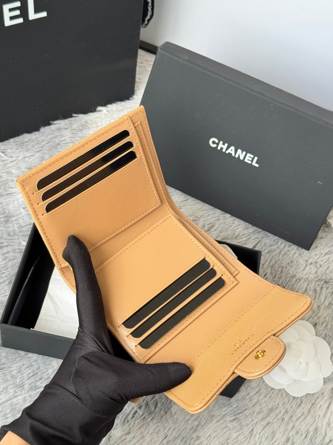 CHANEL 25S CF SMALL TRI FOLD WALLET 11 IN GOLDEN CARAMEL CAVIAR GOLD HARDWARE