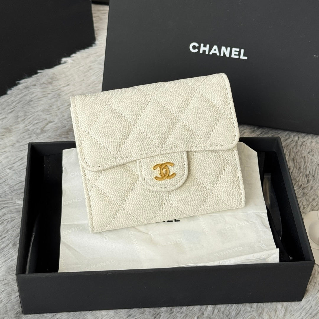CHANEL 25S CF SMALL TRI FOLD WALLET 11 IN IVORY CAVIAR GOLD HARDWARE
