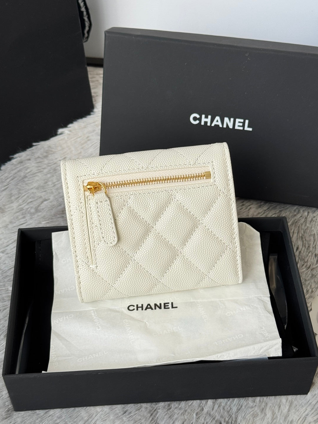 CHANEL 25S CF SMALL TRI FOLD WALLET 11 IN IVORY CAVIAR GOLD HARDWARE